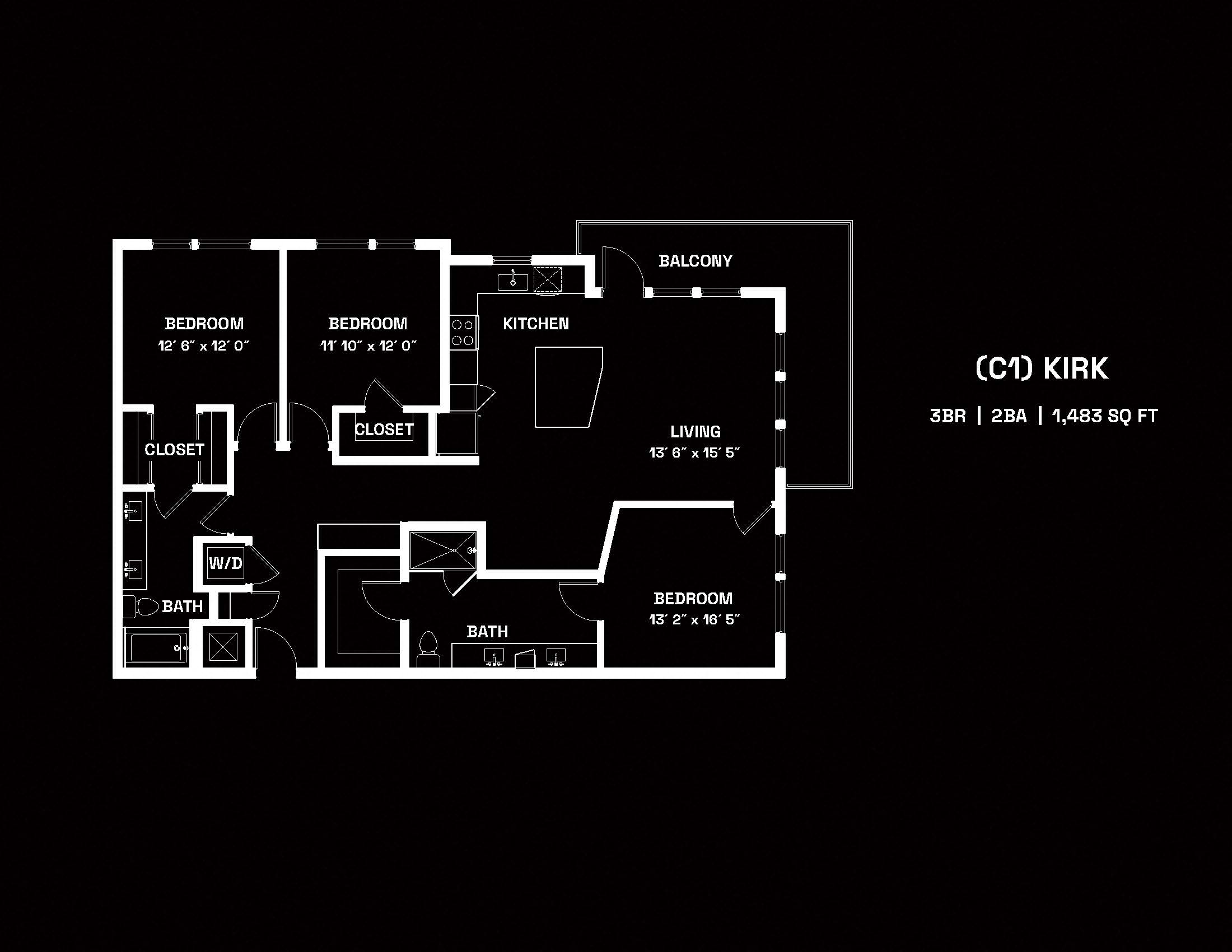 Floor plan for 3 beds, 2 baths, 1483 sqft